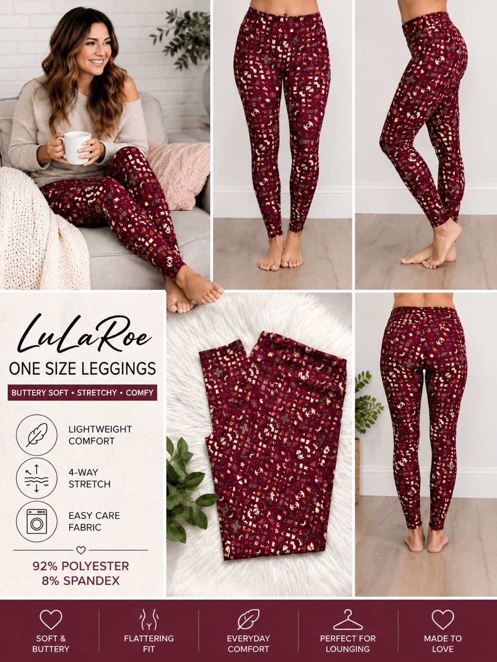 LuLaRoe | Maroon Print Buttery-Soft Stretchy Leggings | One-Size | Like-New